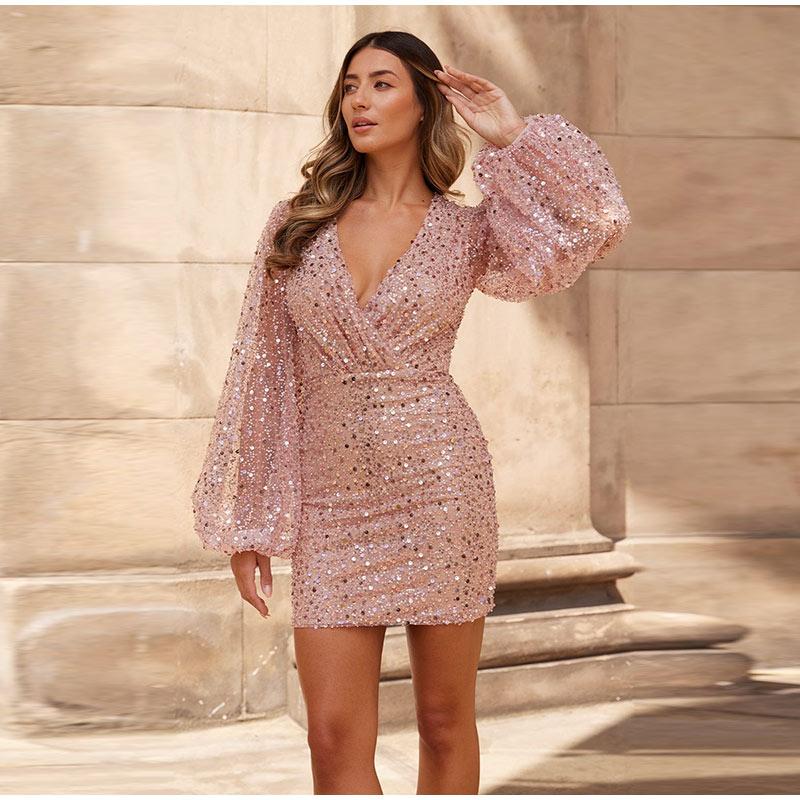 Pearl Sequins Mini Dress Women Elegant V-Neck Lantern Long Sleeves Female Dresses Night Club Bodycon Short Dress buy the best products in the Ayzeze online store Pearl Sequins Mini Dress Women Elegant V-Neck Lantern Long Sleeves Female Dresses Night Club Bodycon Short Dress buy the best products in the Ayzeze online store