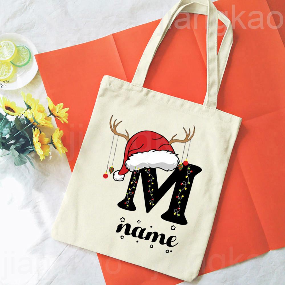 Personalized Christmas Gift Bag Initial with Name Christmas Sack Alternative Stocking Filler Bags Xmas Eve Pouch Gift for Kids