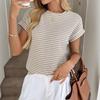 Sommer Damen Rundhals Pullover Zweifarbig Gestrickt Kurzarm Top, Grenzüberschreitend Lässiges Stricktop für Europa Amerika