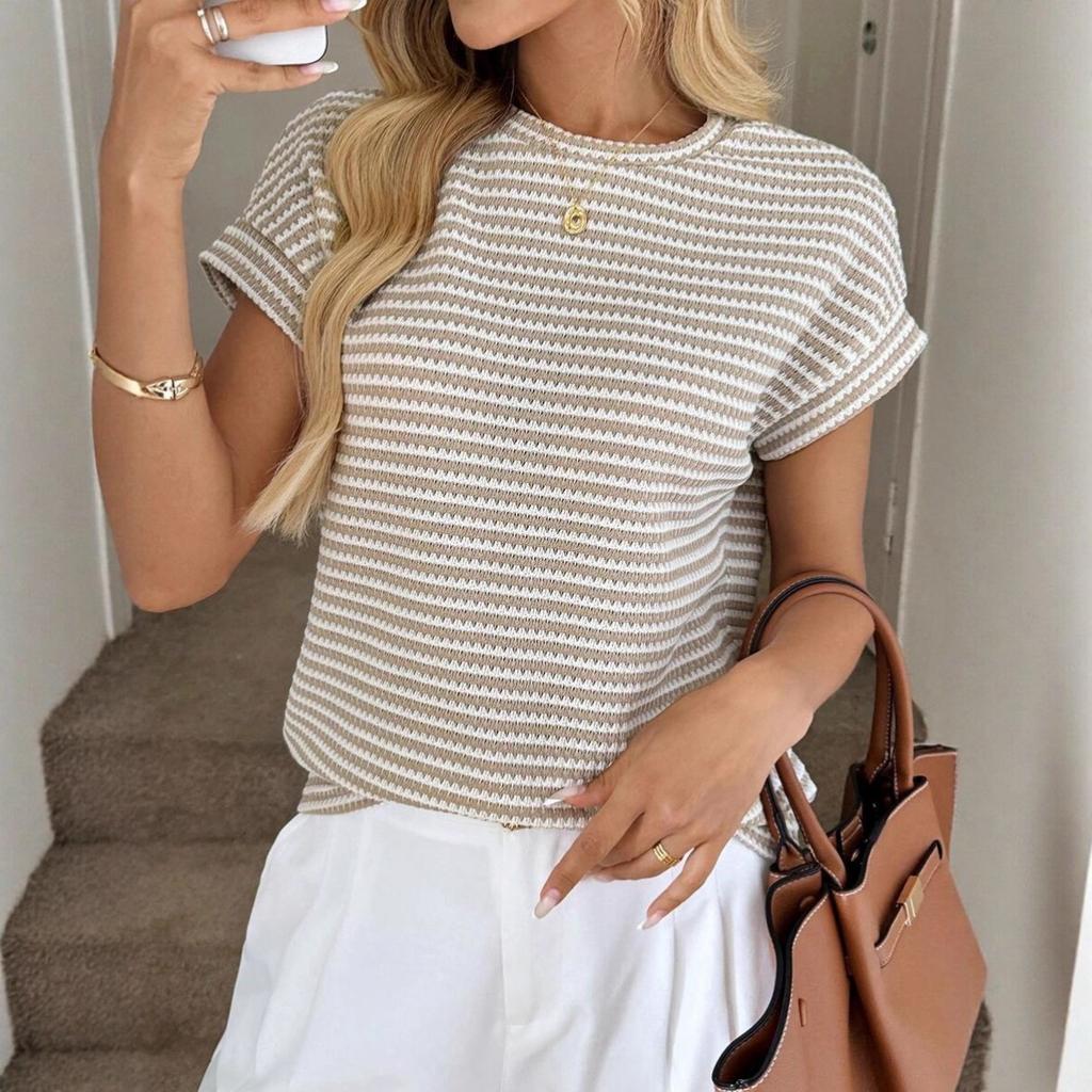 Sommer Damen Rundhals Pullover Zweifarbig Gestrickt Kurzarm Top, Grenzüberschreitend Lässiges Stricktop für Europa Amerika