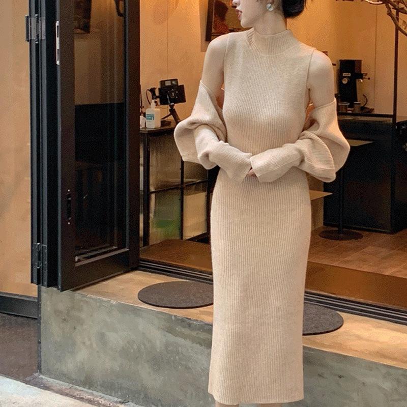 Dámské zimní 2 Pack Dlouhé svetr Bodycon Šaty Mock Neck Knited Cardigan