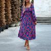 Women Elegant Floral Printed Long Dress High Waist Puff Sleeve Square Neck Autumn Winter Fashion