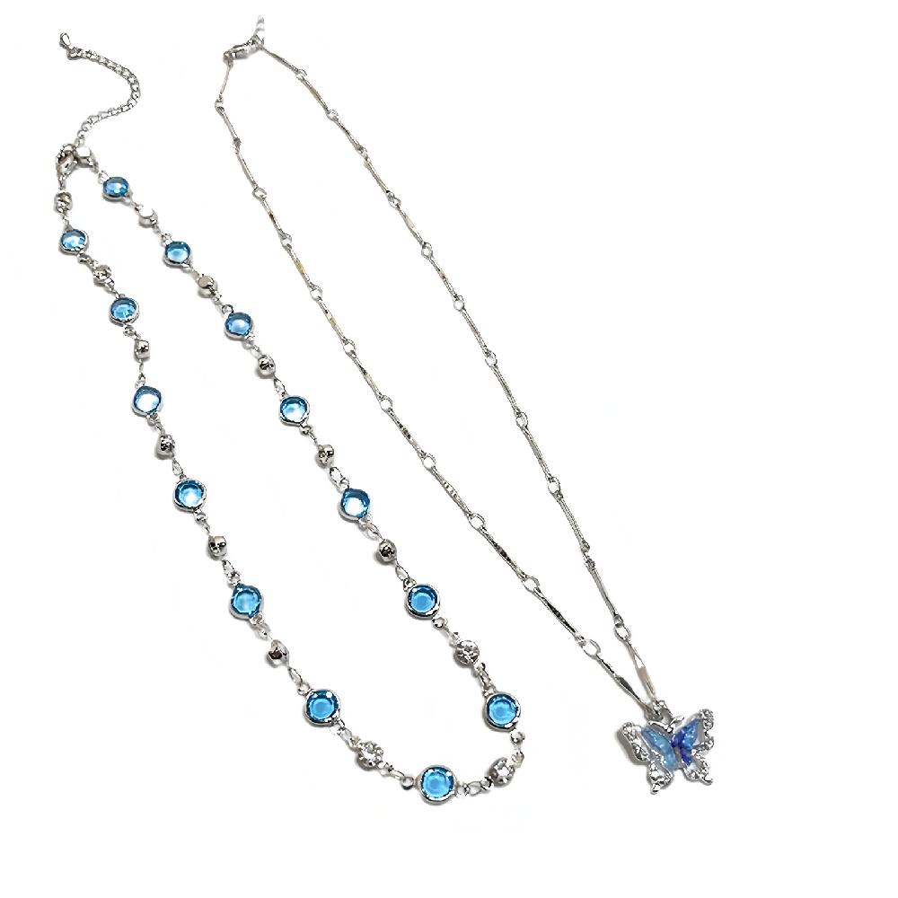 Collier Papillon Cristal Bleu Romantique pour Femmes Filles Ras de Cou Bicouche Chaîne Clavicule Pendentif Délicat Zircon Scintillant Mode
