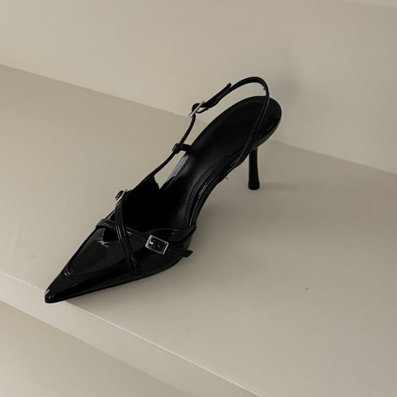 Fashion Spring New Stiletto Sandals Women's Pointed Head Shallow Mouth Metal Buckle A Line with Anti-slip Wear-resistant High Heels