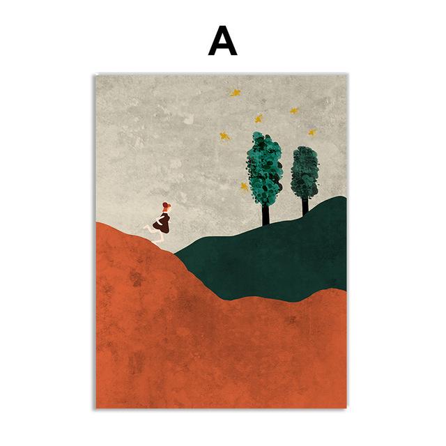 

Абстрактное горное дерево, девушка, луна, настенное искусство, современная картина на холсте, плакаты на скандинавскую тему и принты, настенные панно, декор для детской комнаты 21*30cm