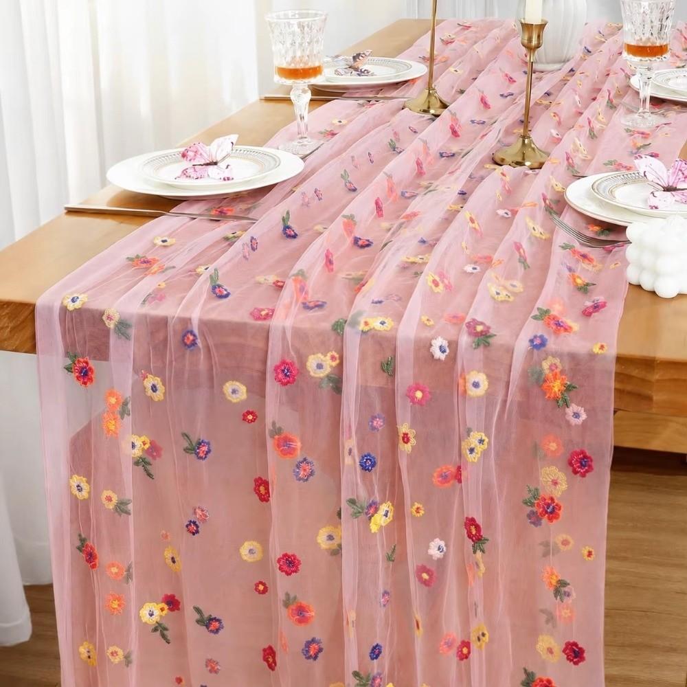 Embroidery Daisy Table Runner Rustic Style Floral Table Cover New Table Decor Cloth  Birthday Party