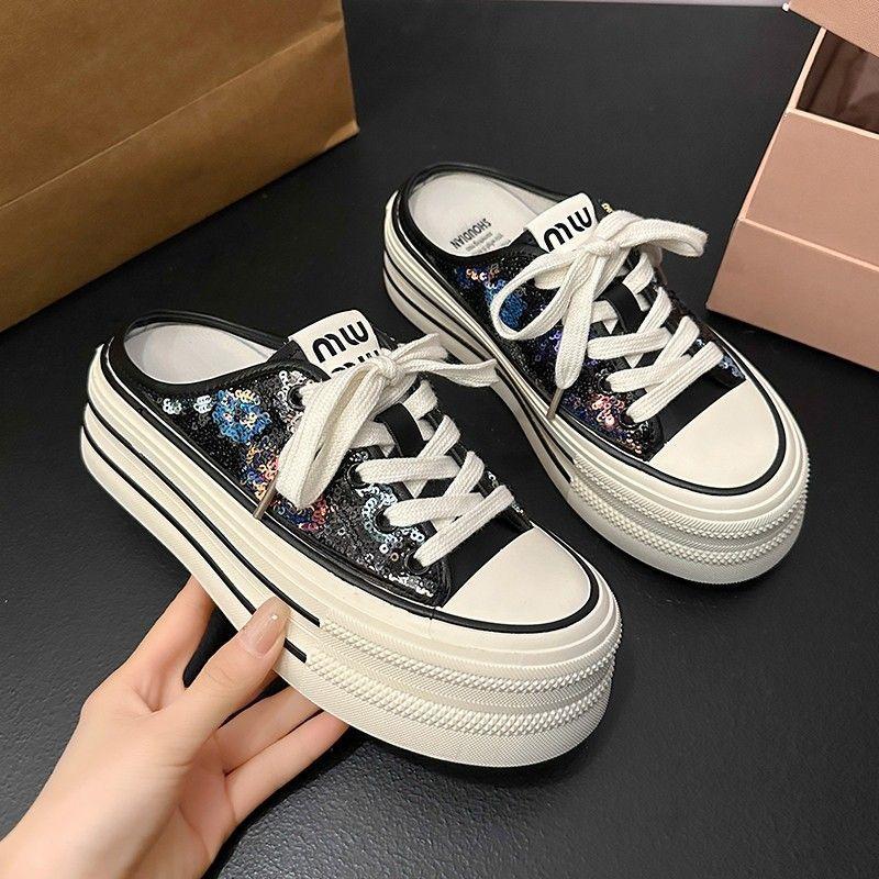 

холщовые полушлепанцы на толстой подошве с пайетками, женская летняя обувь, новые повседневные сандалии на шнуровке, увеличивающие рост на небольшую высоту 40 чёрный