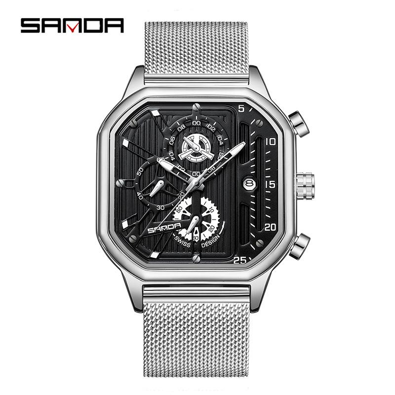 Sanda Men s Fashionable Three-Eye Six-Hand Square Quartz Watch with Calendar and Waterproof Features