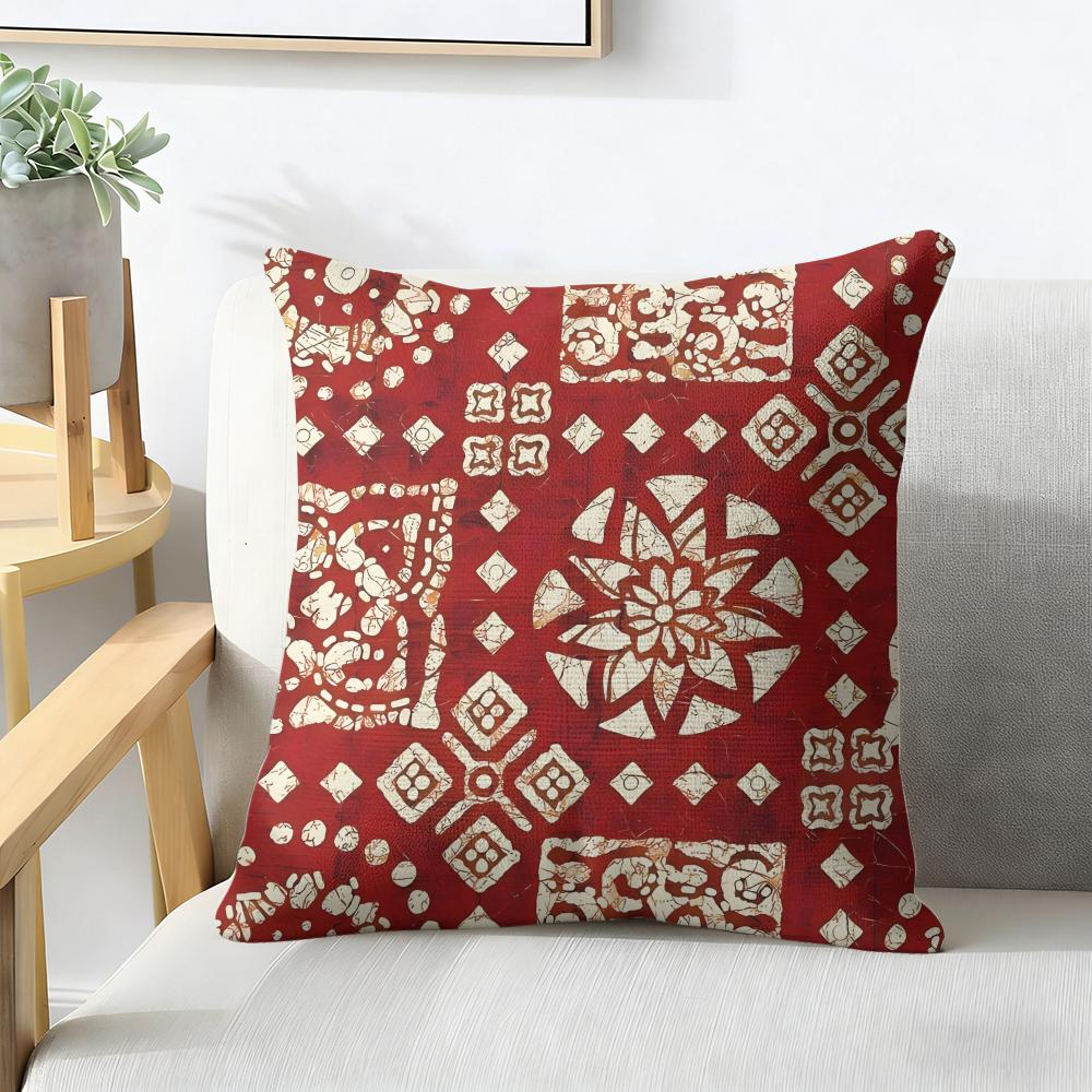 Red Bohemian Style Cushion Cover Natural Linen Organic Fabric Double-Sided Printing Breathable Perfect For Home Decor