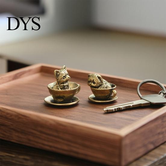 Artistic Home Office Desk Decor Miniature Teacup Cat Statue, Cute Brass Dog Figurine, Landscape Decorative Accents Collectable Animal for DIY
