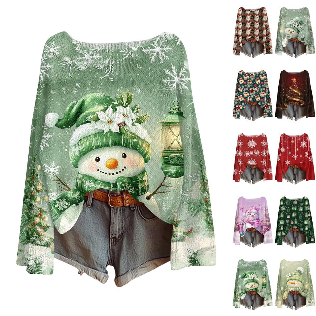 Women's Fashion Christmas Print Lightweight Sweater Casual Long-Sleeve Knit Pullover Top