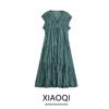 Fashion Style 2024 Summer New Women's Normcore Pleated V Neck Raglan Sleeve Mid Length Long Length Dress 06618608498