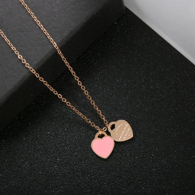 Stainless Steel Double Heart Clavicle Chain Necklace for Women - Simple and Versatile with Resin LOVE Pendant