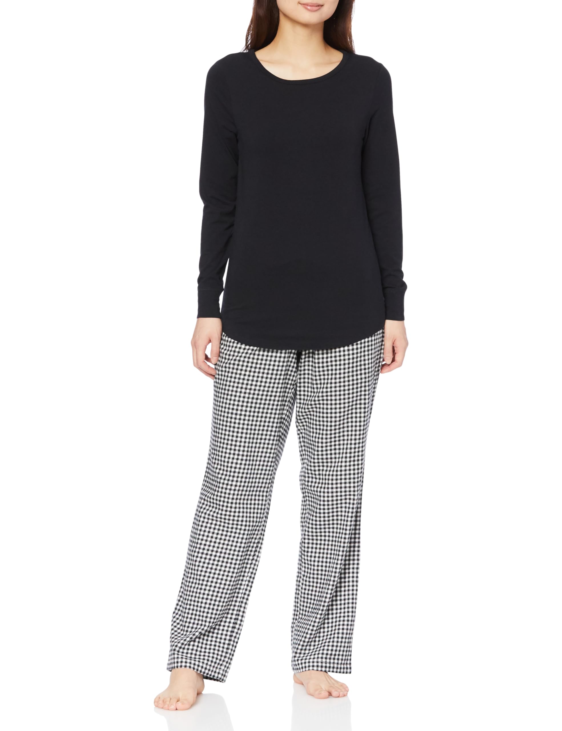 

Amazon Essentials Lightweight Pajama Long Sleeve and Flannel XL Women s Set, T-Shirt Pants, Black/White, Gingham,