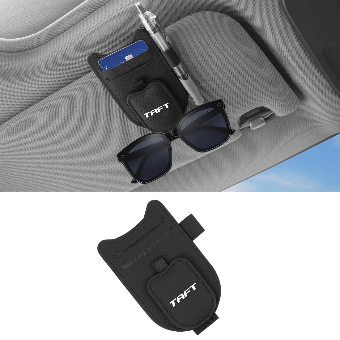 

car sunglasses holder for Taft LA900 series Includes card and pen Durable PU leather car glasses clip with magnetic closure and a cute cat ear with