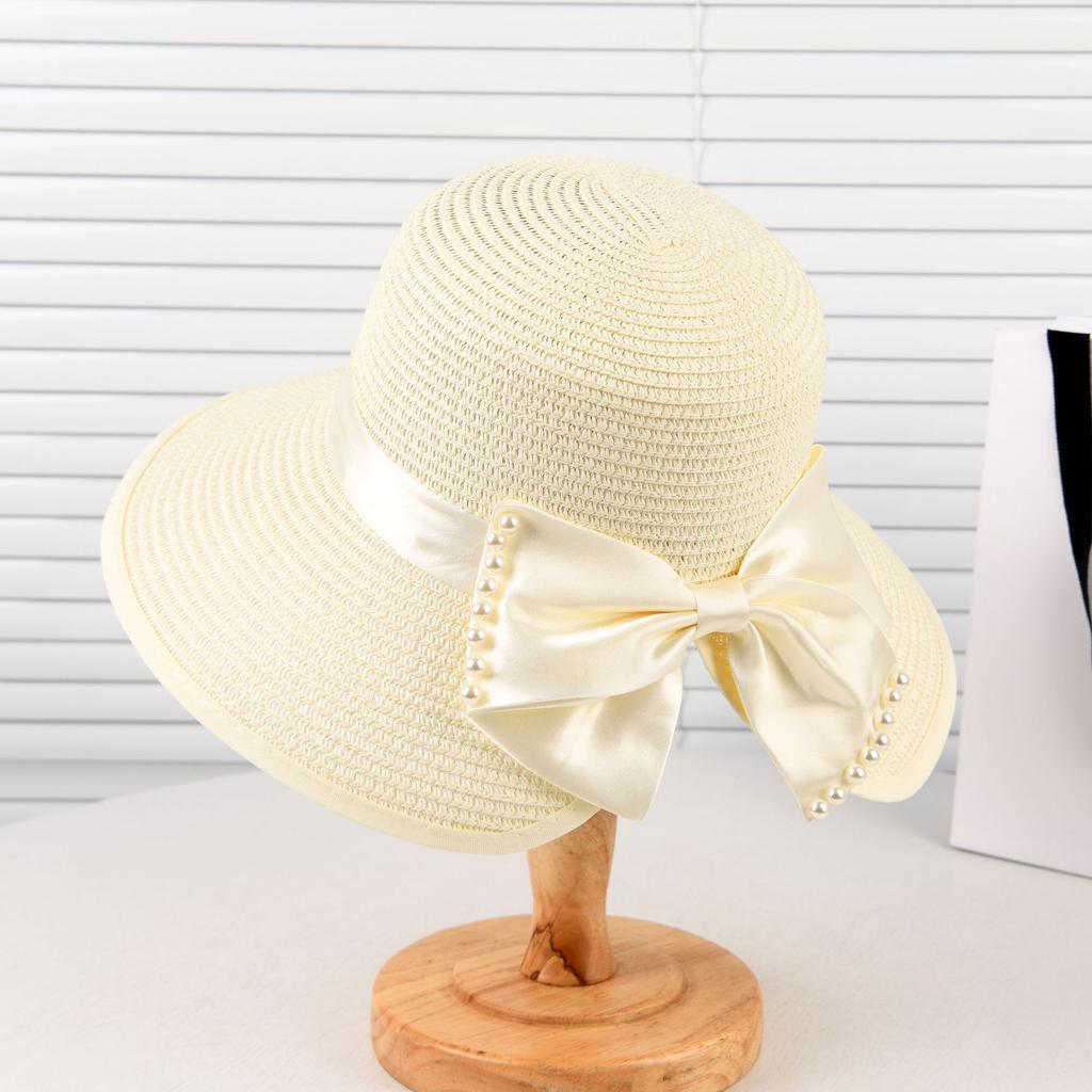 Summer bow visor female split ponytail straw hat Korean version pearl big eaves sun protection sun bucket hat