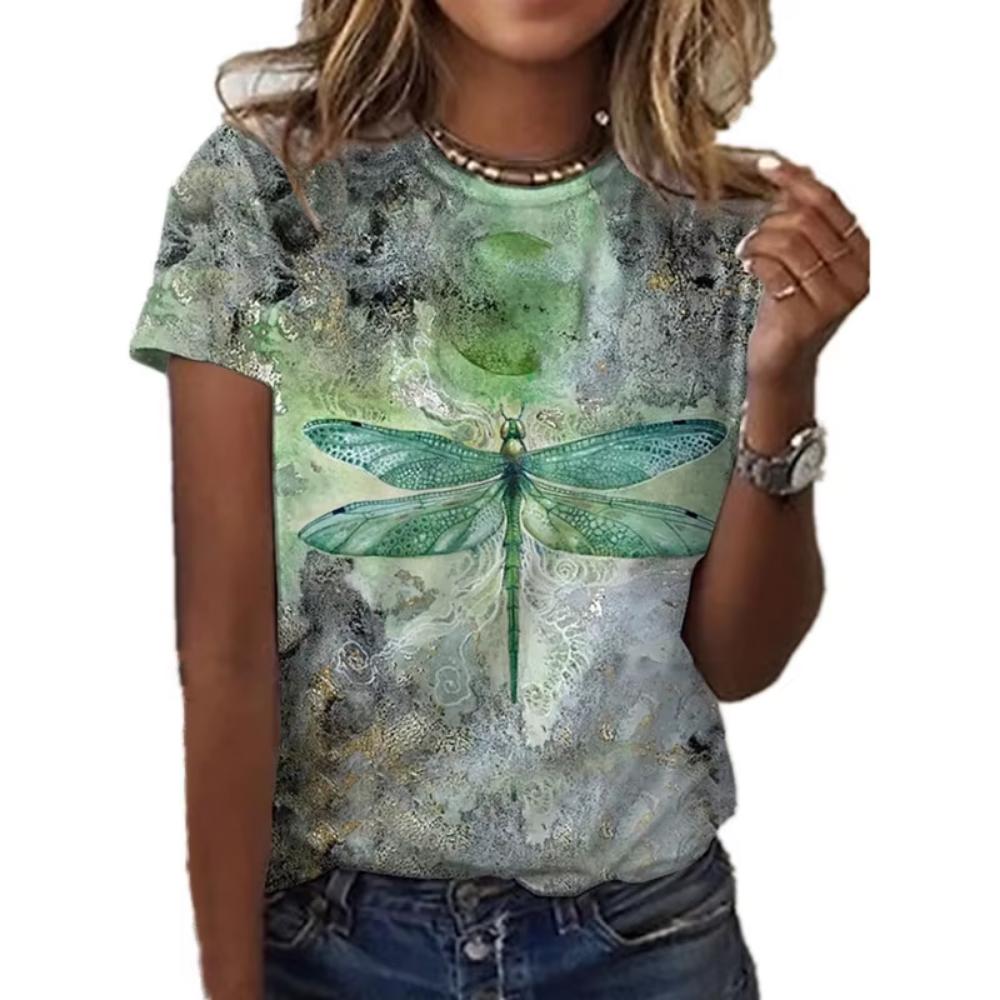 Fashion art floral pattern T-shirt for ladies, summer casual printed outfit