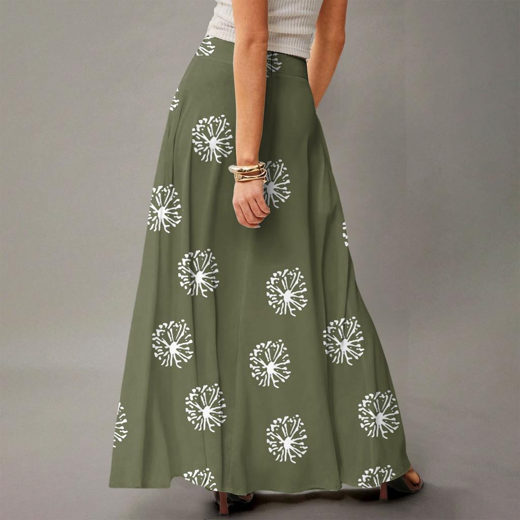 Damska Casualowa Składana Spódnica Maxi z Wysokim Stanem w Kropki z Kieszenią, Draperowana, Luźna