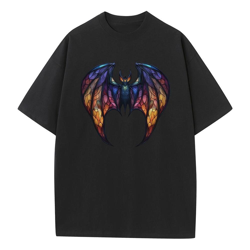 Summer T Shirt Baggy Style Pure Cotton Breathable Print Black Bat Stained Glass Heavy Comfort Drop Shoulder Mens Womens Tops