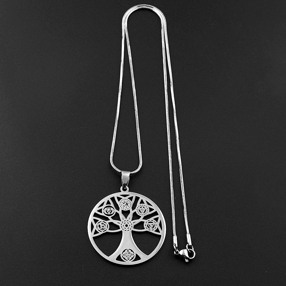 Yoga Hollow Tree of Life 7 Chakras Pendant Necklace for Women Men Stainless Steel Sacred Geometry Reiki Healing Chain Jewelry
