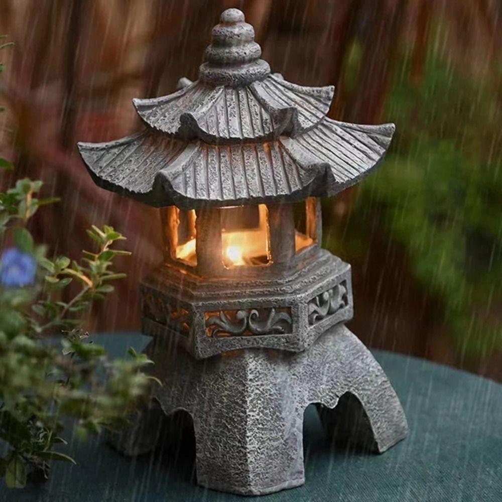 Resin Statue Light Exquisite Solar Stone Tower Light Solar LED Pagoda Lantern Courtyard