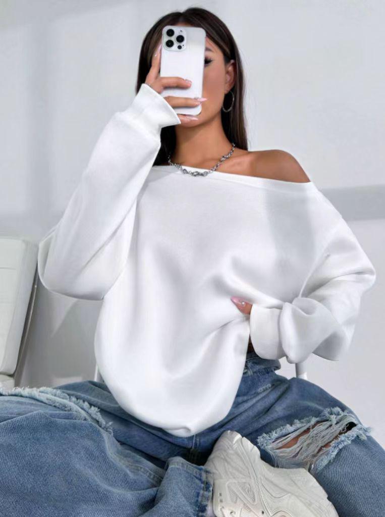 2025 Autumn Off-Shoulder Long-Sleeve Pullover Sweatshirt - Casual American Style for Women