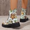 Large-Size Boots – Autumn/Winter New European & American Printed Casual Round Toe Lace-Up Low-Heel High-Top Martin Boots for Women