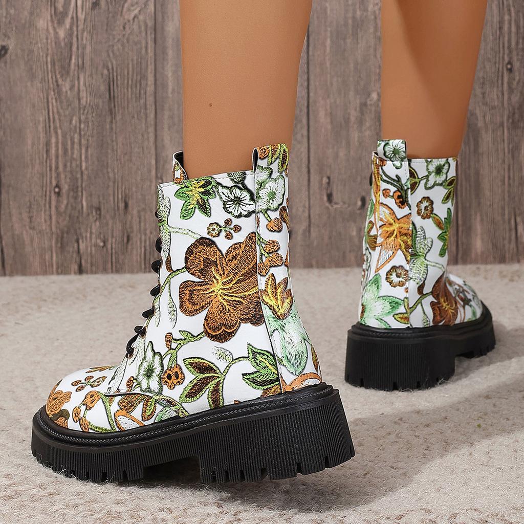 Large-Size Boots – Autumn/Winter New European & American Printed Casual Round Toe Lace-Up Low-Heel High-Top Martin Boots for Women