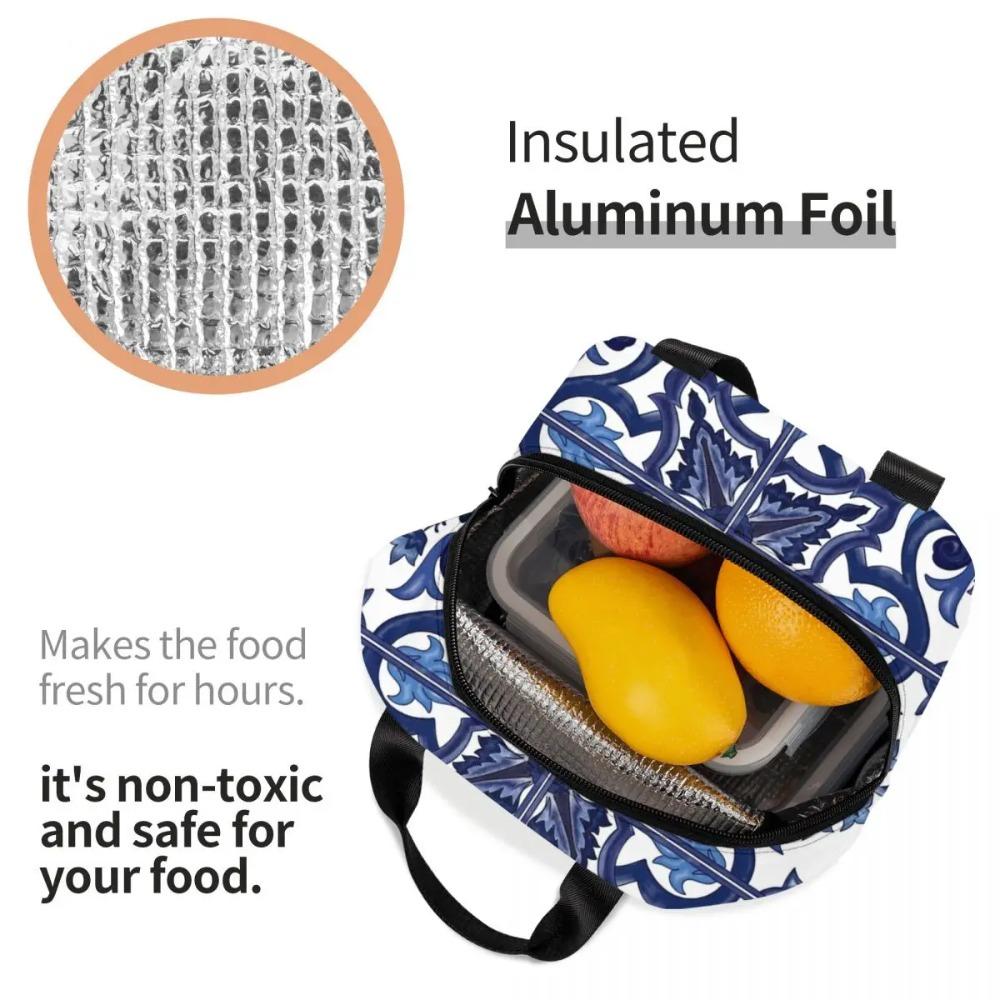 Blue Ornate Floral Mediterranean Sicilian Tile Insulated Lunch Bag for Kids School Cooler Thermal Food Box Tote Leakproof
