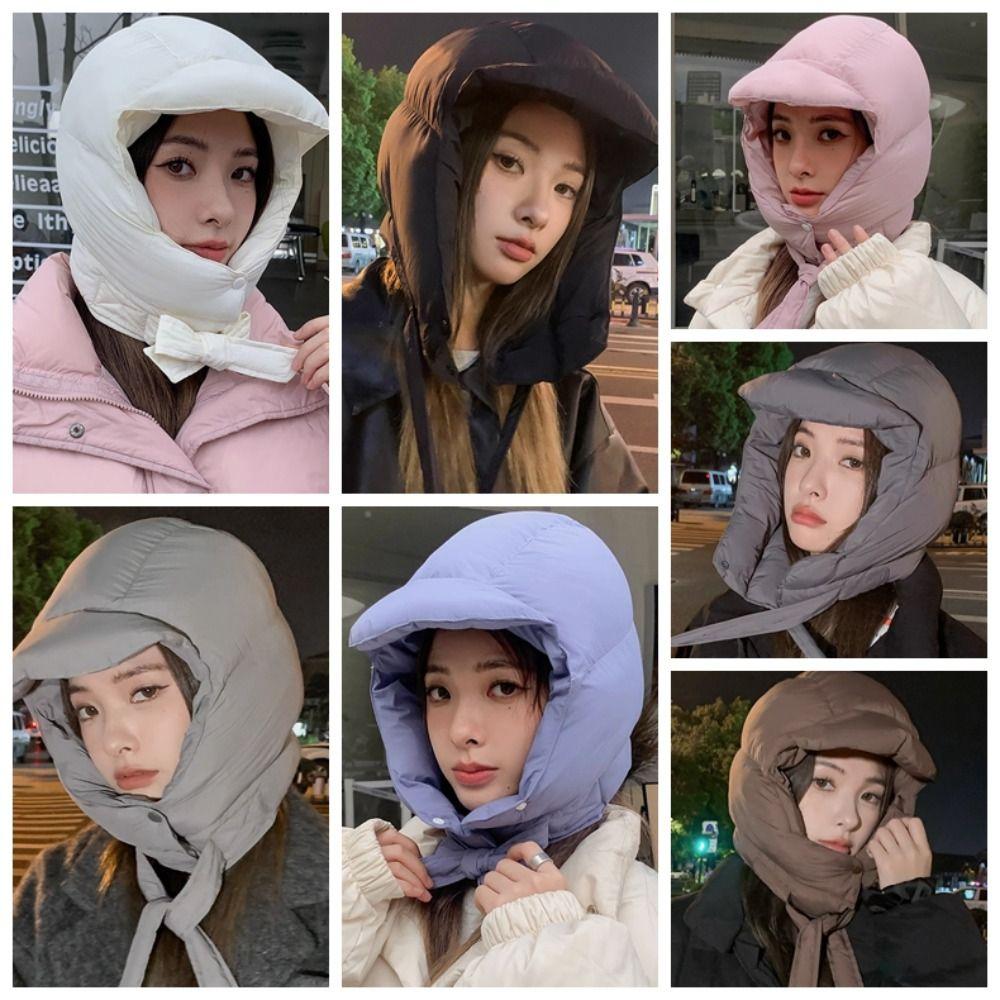 Simple Solid Color Padded Pullover Cap Korean Style Windproof Balaclava Hat Harajuku Hooded Puffy Ear Protection Cap Girls