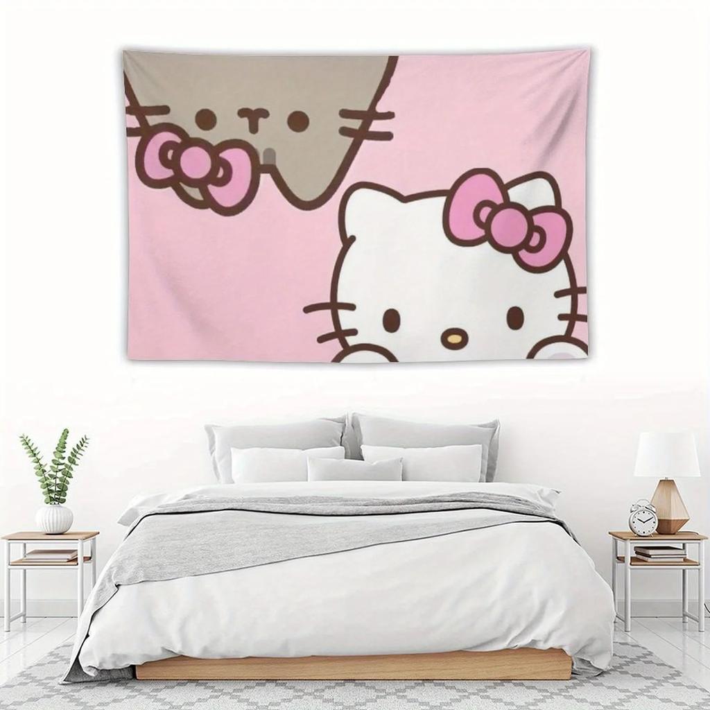 Sanrio Hello Kitty and Cat Cartoon Tapestry Vibrant Kawaii Anime Home Decoration Modern Wall Art Gift for Kitty Fans