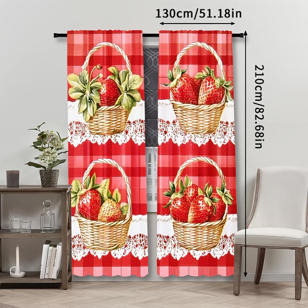 Red Strawberry Picnic Pattern Curtains Gingham Plaid Window Drapes Cottagecore Farmhouse Style Decorative Window Treatment