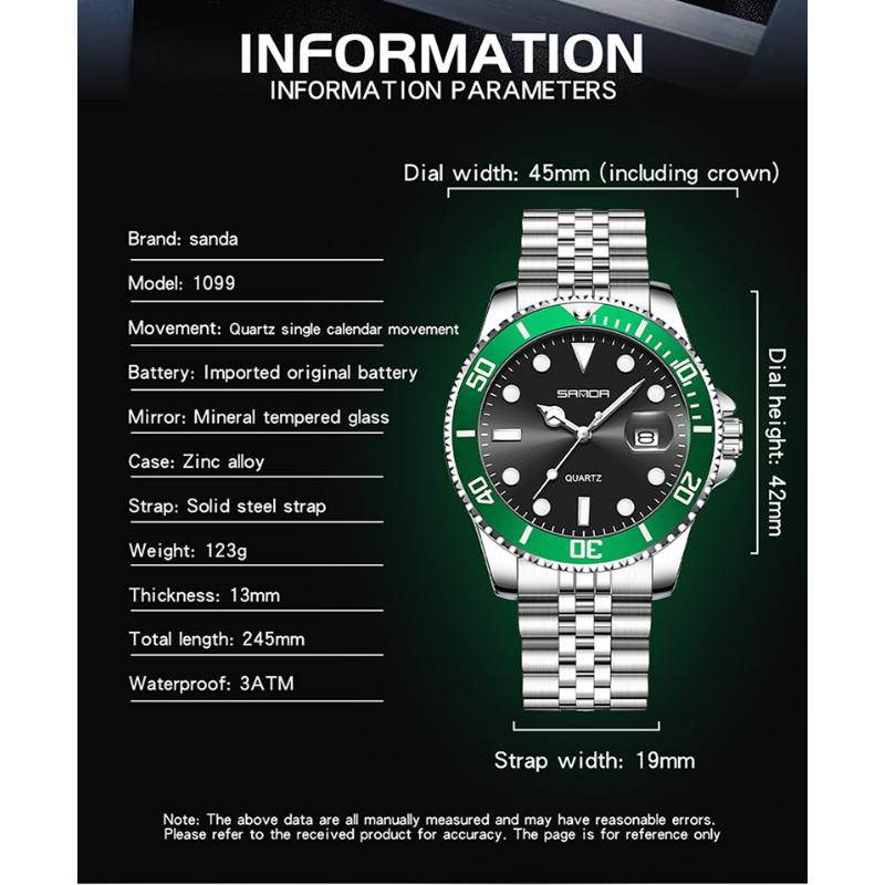 SANDA New Men's Quartz Watch Waterproof Calendar Display Day Glow In The Dark Simple Personalized Men's Watch