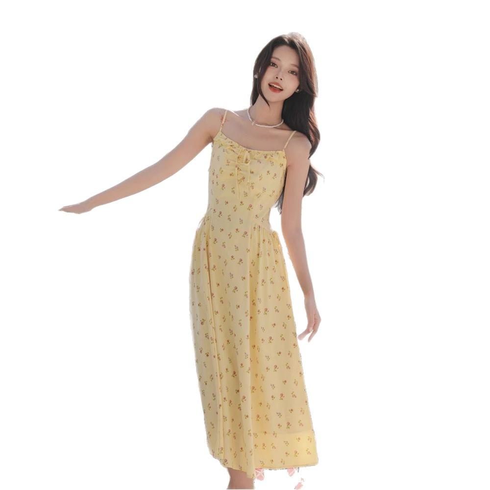 French yellow floral dress small suspender dress women's summer new atmosphere commuter temperament long skirt