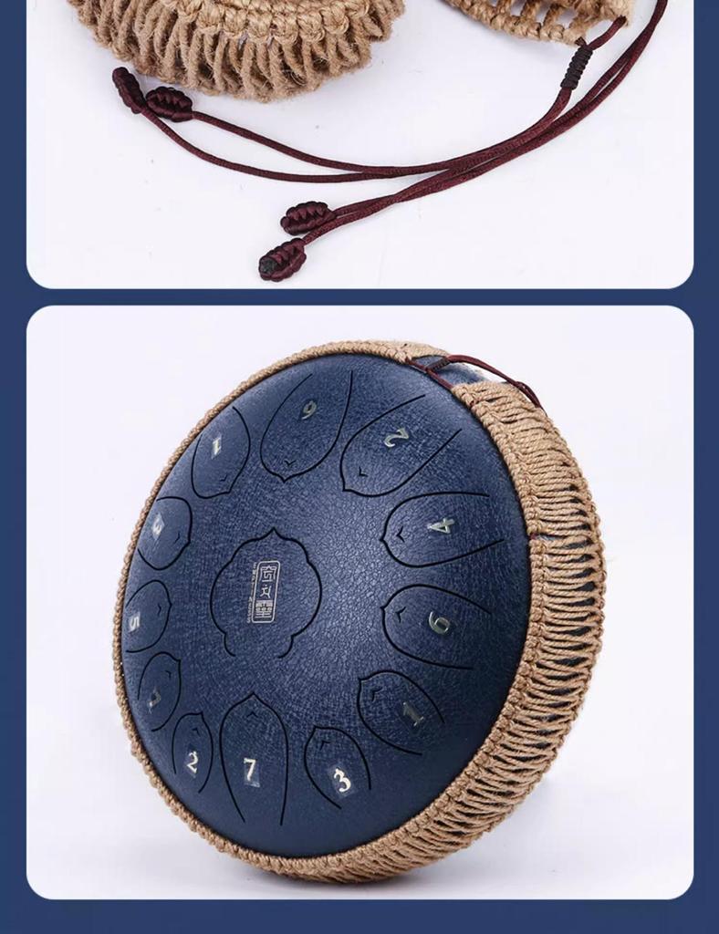 Ethereal 13-Tone Steel Tongue Drum with Handmade Hemp & Cotton Rope Edging, Includes Drum Mallet & Decorative Braided Rope