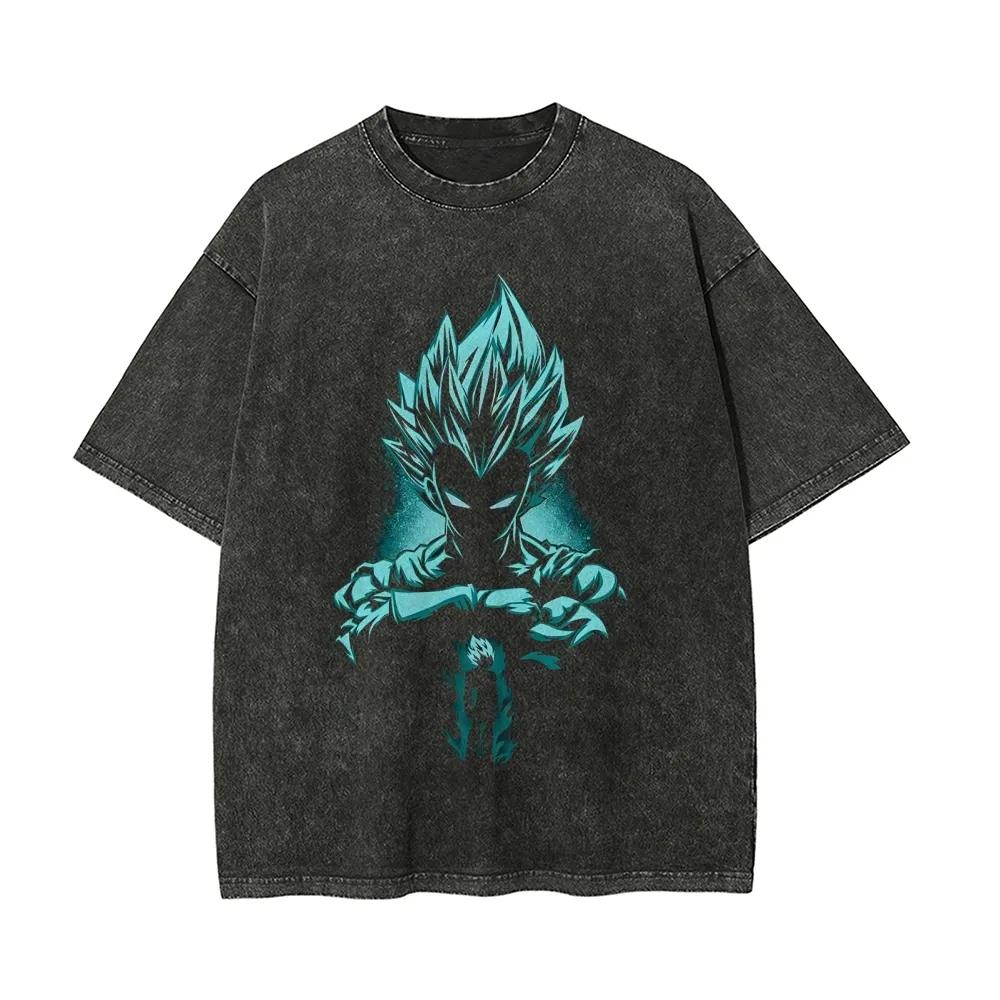 Vegeta T Shirt Men Acid Wash Oversized Anime Super Saiyan Blue Cotton Vintage Gym Streetwear Cyan Shadow Graphic Tee Top M