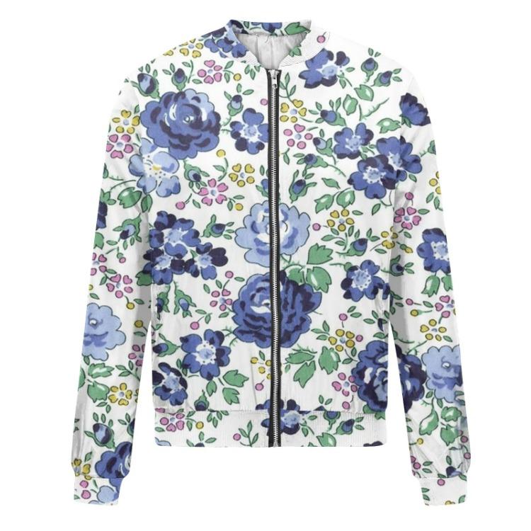 Fashionable Women Long Sleeve Casual Jacket Floral Leaf Print Round Neck Zipper
