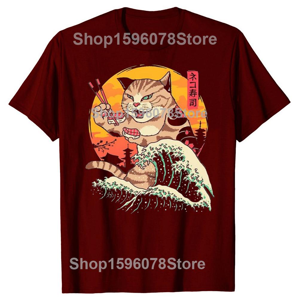 Funny Cat Eating Sushi Graphic T Shirts Men Women Pure Cotton Humor Streetwear Tee Shirt Short Sleeve Unisex Loose Clothing