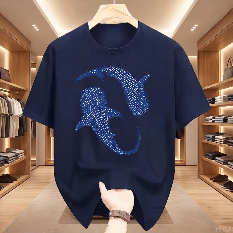 Men'S Print T-Shirt  Double Whale Totem Print Blue And White Contrast Design Casual Breathable