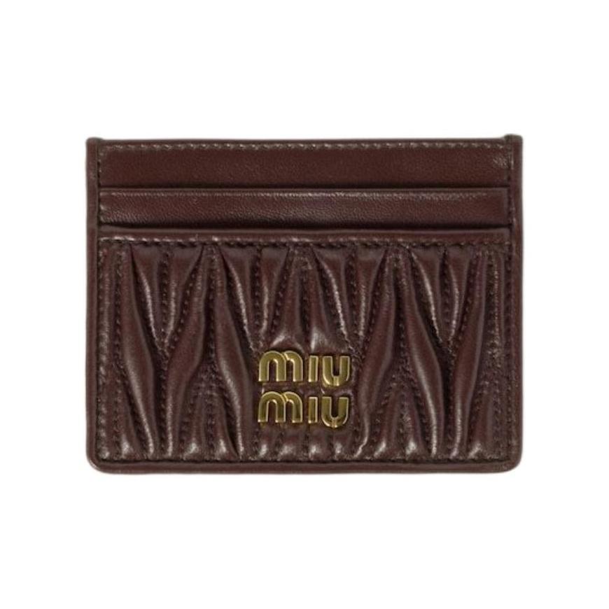 MIU MIU Matelassé Metal Letter Quilted Pattern Quilted Nappa Leather Card Holder Women's Heathered Wood Color