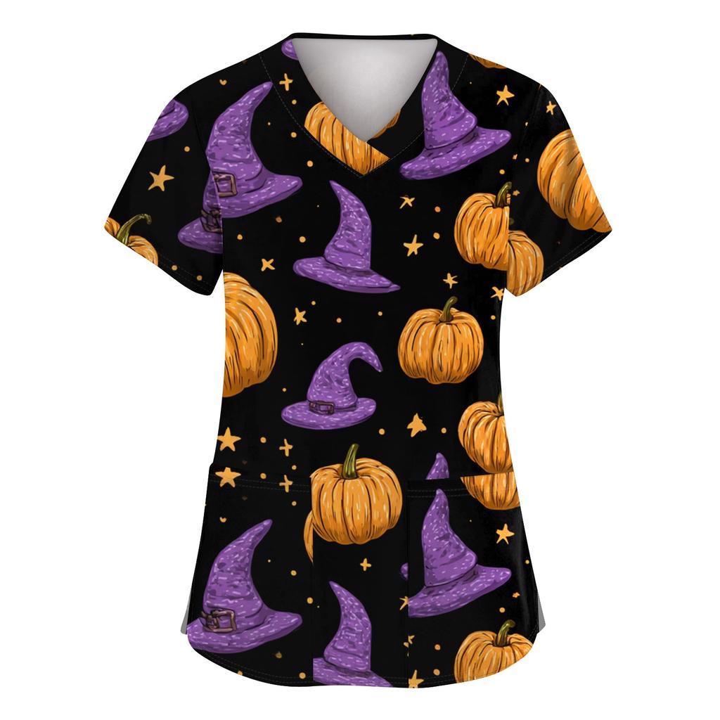 Women's Fashion Short Sleeve Halloween Printed V-Neck Pocket Workwear Tops