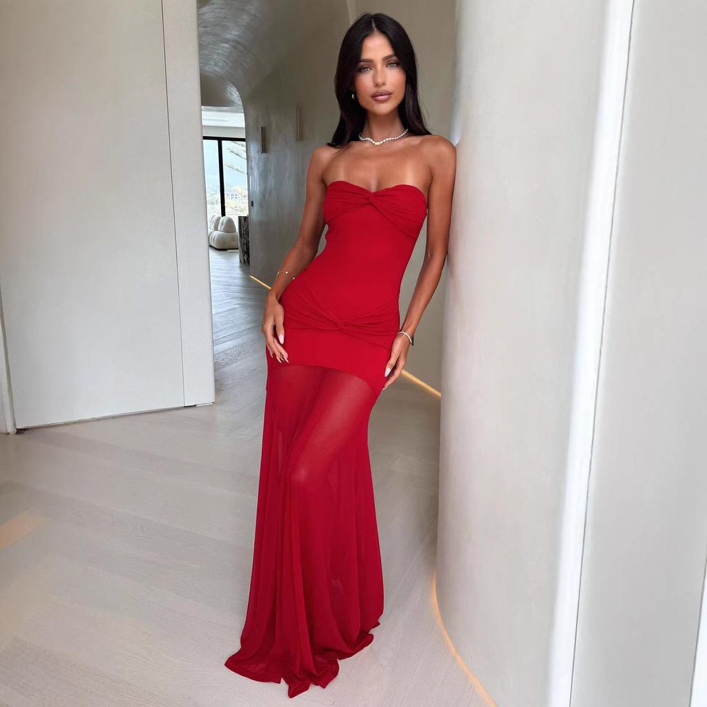 Summer European and American cocktail banquet sexy and charming off-the-shoulder chest wrap see-through mesh long skirt