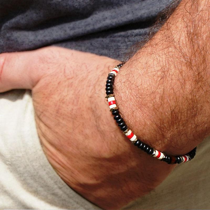 Mens Beaded Black Onyx And Green Plated Hematite Spacers With Wooden Beads 6mm Matte Mat Black Bracelet