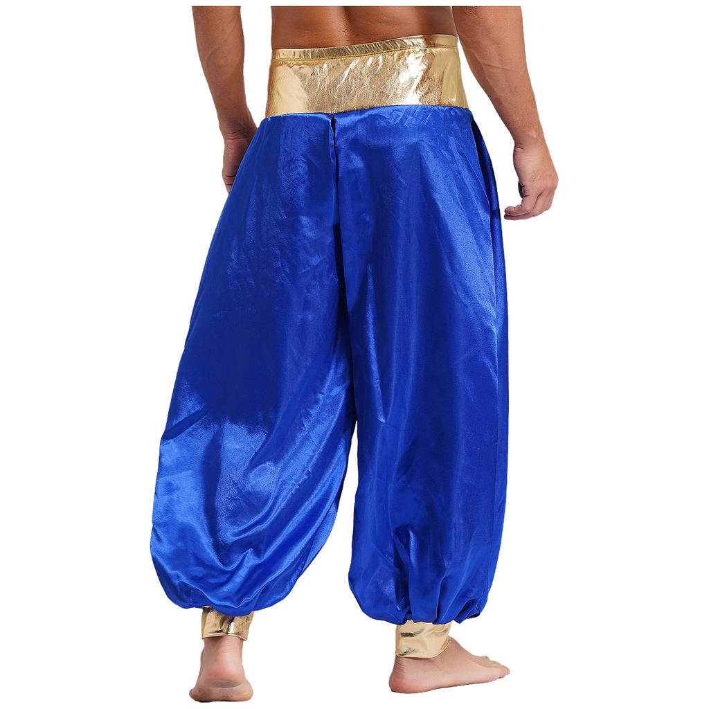 Mens Magical Hippie Harem Pants Metallic Shiny Patchwork Lantern Style Long Pants Arabian Prince Cosplay Costume