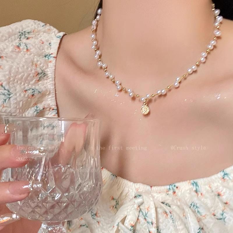 Korean Titanium Steel Pearl Necklace with Zircon Pendant - Luxury Choker Chain
