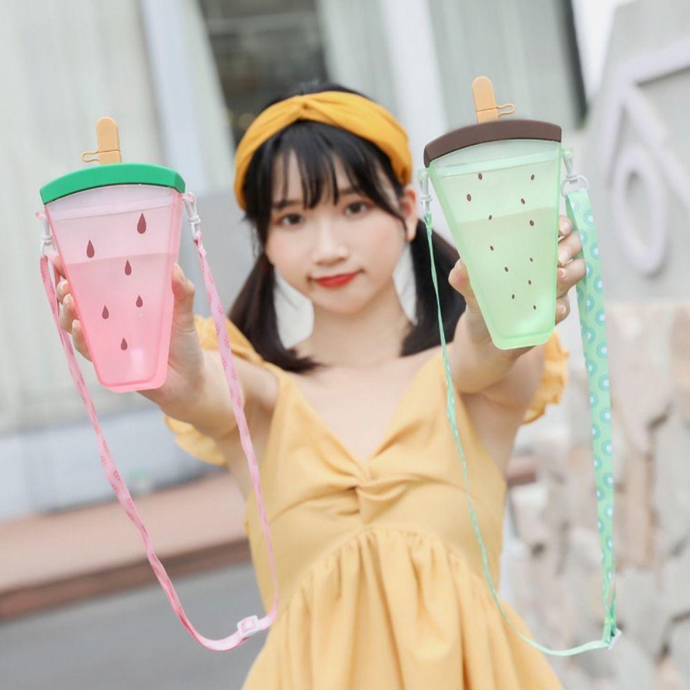 Practical Cartoon Popsicle Straw Cup Food Grade Leakproof Watermelon Water Bottle Anti-fall Plastic Water Cup Milk Tea