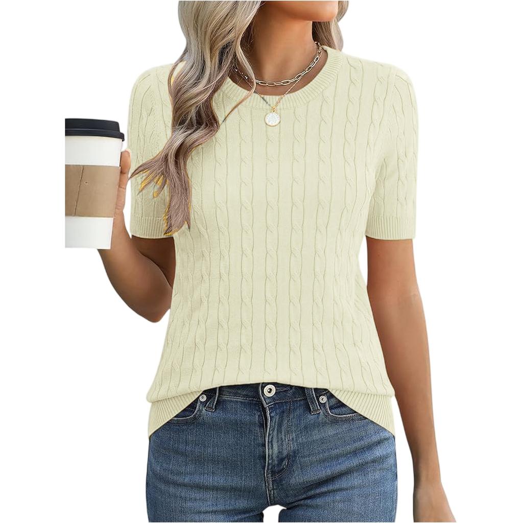 Women Short Sleeve Cable Knit Pullover Crew Neck Ribbed Hem Fitted Soft Stretchy Lightweight Sweater Top