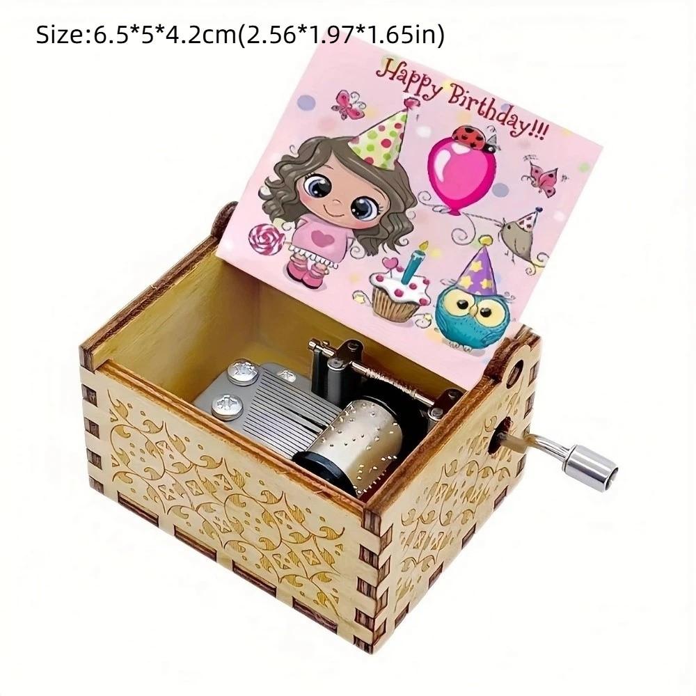 New Happy Birthday Wooden Music Box Classical Pink Carved Musical Box Hand Crank Light Luxury Music Gifts Birthday Gifts