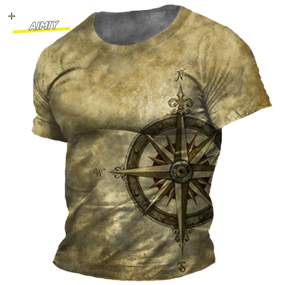 Vintage Summer Compass Pattern 3D Printed Short-sleeve Men's T-shirts Loose Daily Men Clothing Casual Streetwear