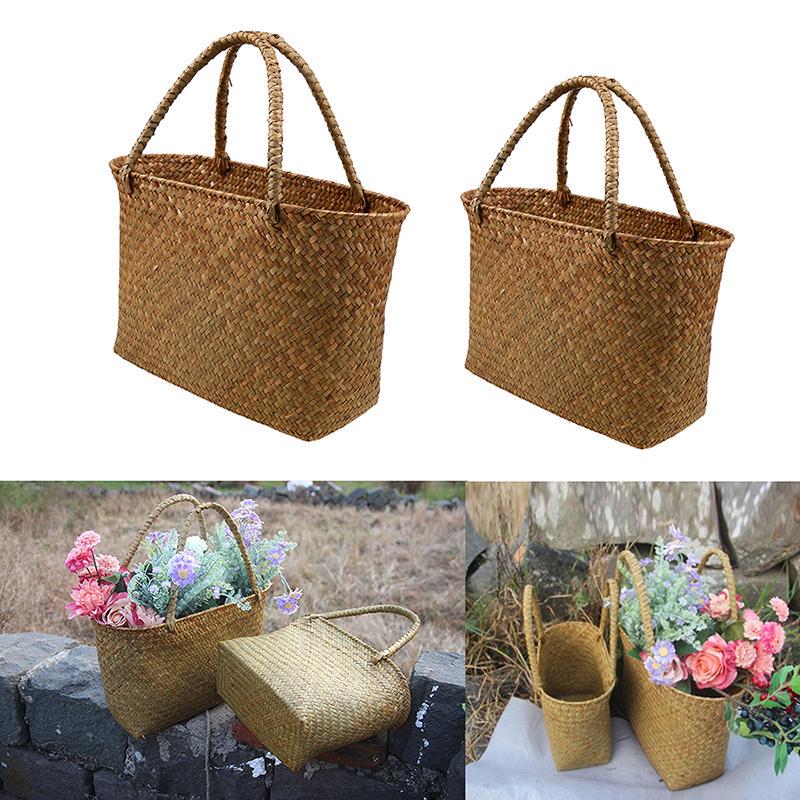 Coș împletit din iarbă de mare, Organizare depozitare acasă, Coșuri de flori din ratan și paie cu mâner, Răchită lucrată manual, Geantă de mână din răchită pentru grădină, pentru suculente